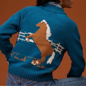 TINY ANTHROPOLOGIE TURQUOISE BLUE FULL ZIP HORSE THEME CARDIGAN SWEATER SZ XS